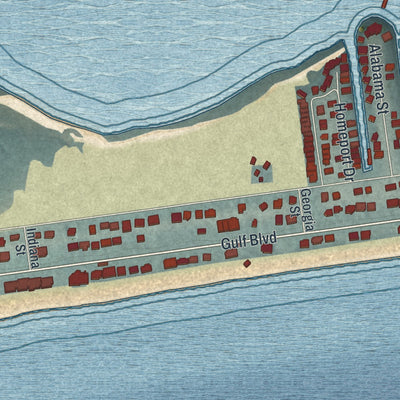 Close-up of the map of Navarre Beach, Florida print showing street and building detail