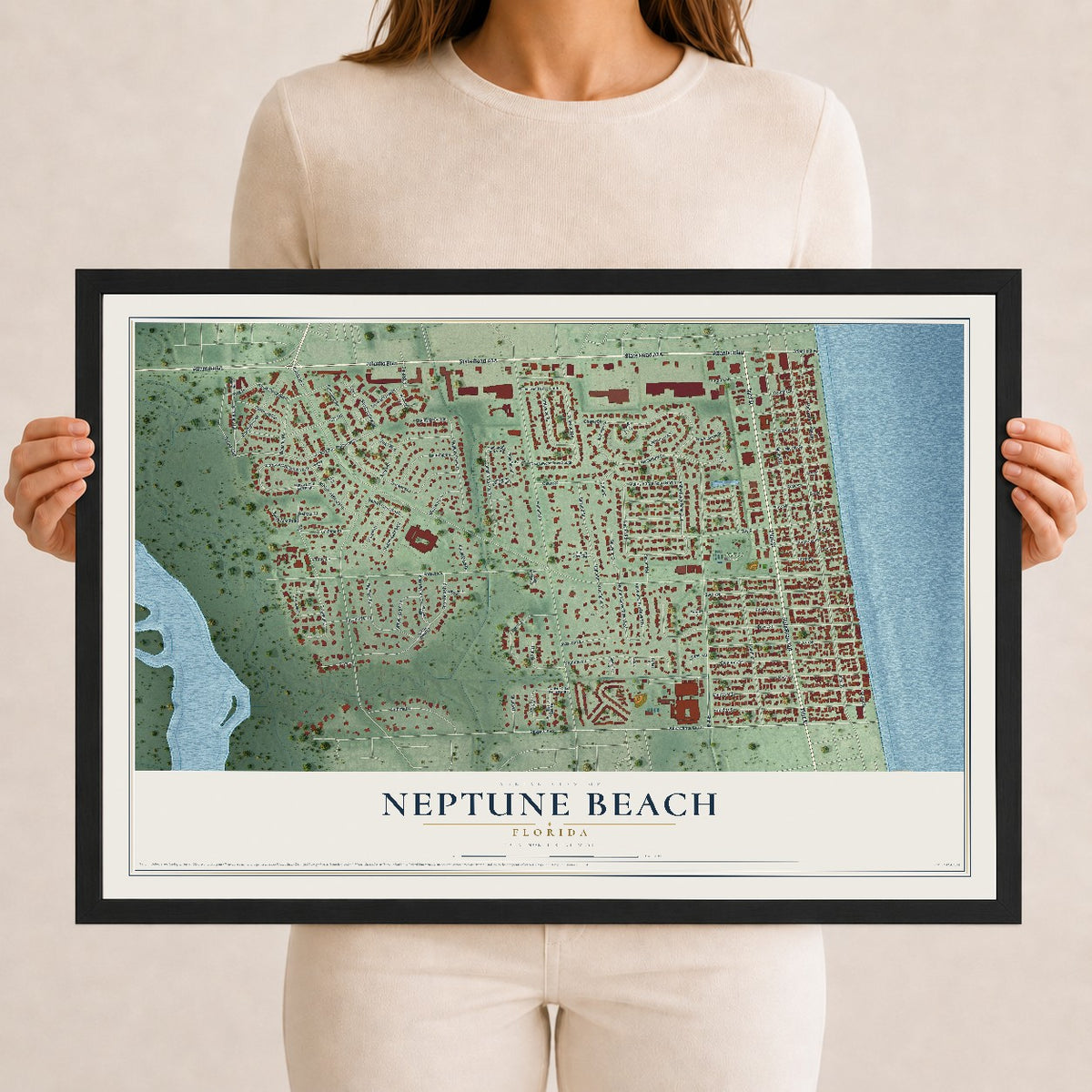 Neptune Beach, Florida map print, 12" x 18" W/ Black Ayous Wood Frame mockup