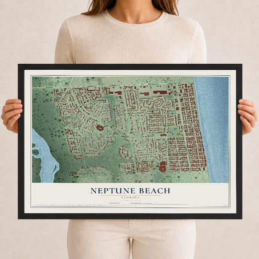 Map of Neptune Beach, Florida, 12 x 18 inch print in a black wood frame