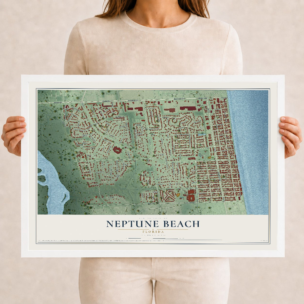 Neptune Beach, Florida map print, 12" x 18" W/ White Ayous Wood Frame mockup