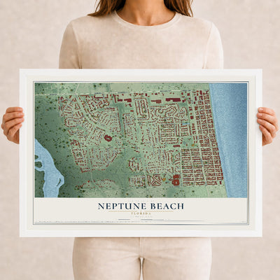 Neptune Beach, Florida map print, 12" x 18" W/ White Ayous Wood Frame mockup