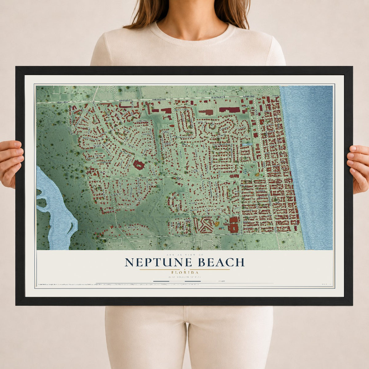 Neptune Beach, Florida map print, 18" x 24" W/ Black Ayous Wood Frame mockup