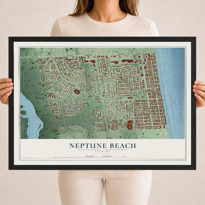 Neptune Beach, Florida map print, 18" x 24" W/ Black Ayous Wood Frame mockup