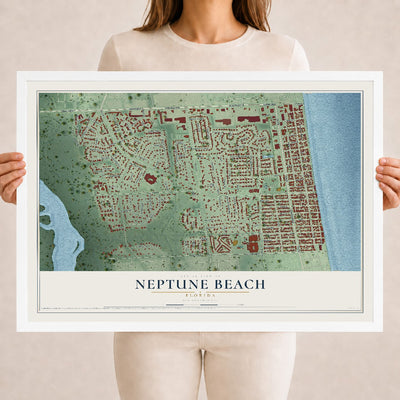 Neptune Beach, Florida map print, 18" x 24" W/ White Ayous Wood Frame mockup