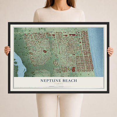 Neptune Beach, Florida map print, 24" x 36" W/ Black Ayous Wood Frame mockup
