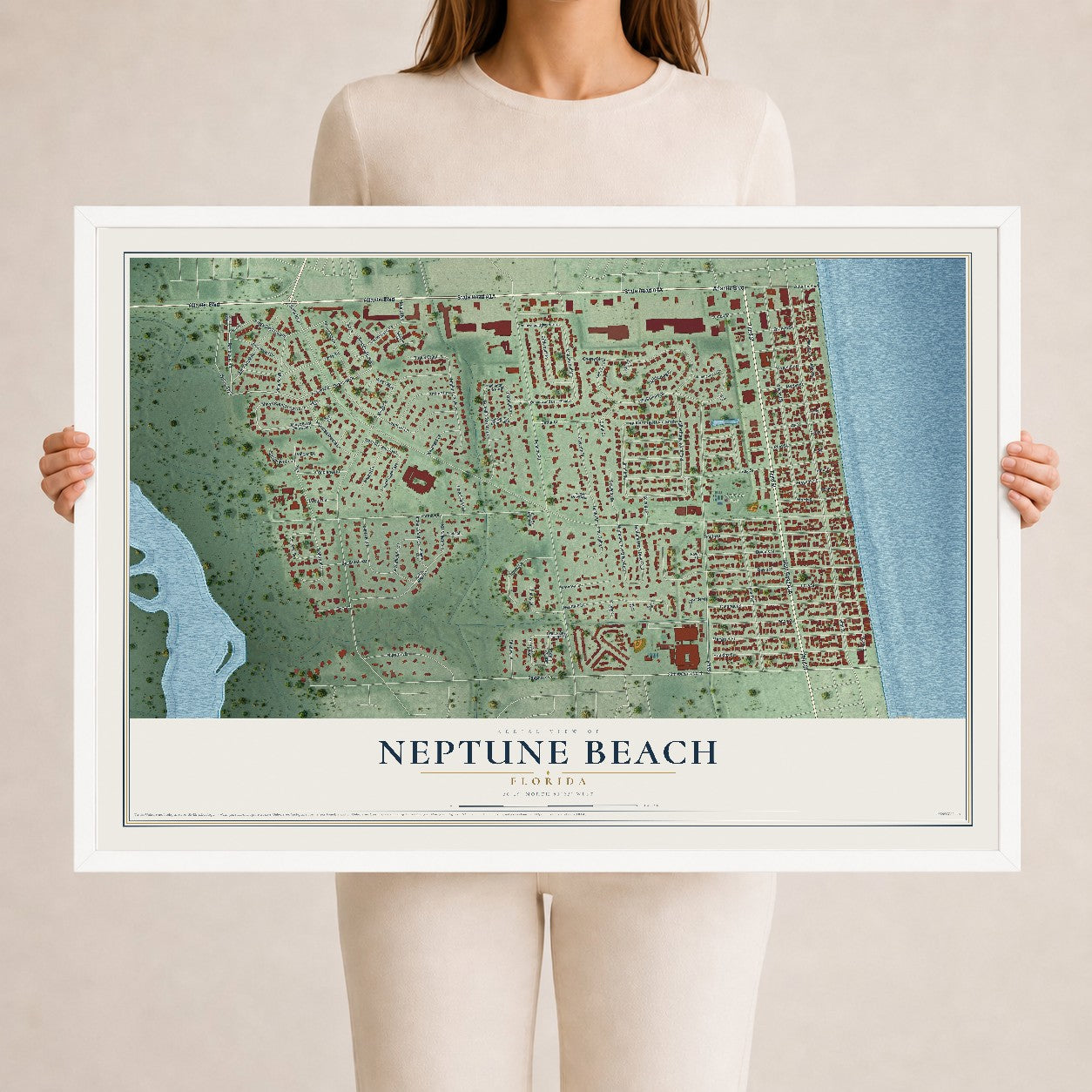 Neptune Beach, Florida map print, 24" x 36" W/ White Ayous Wood Frame mockup