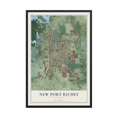 New Port Richey, Florida map print, 12" x 18" W/ Black Ayous Wood Frame mockup