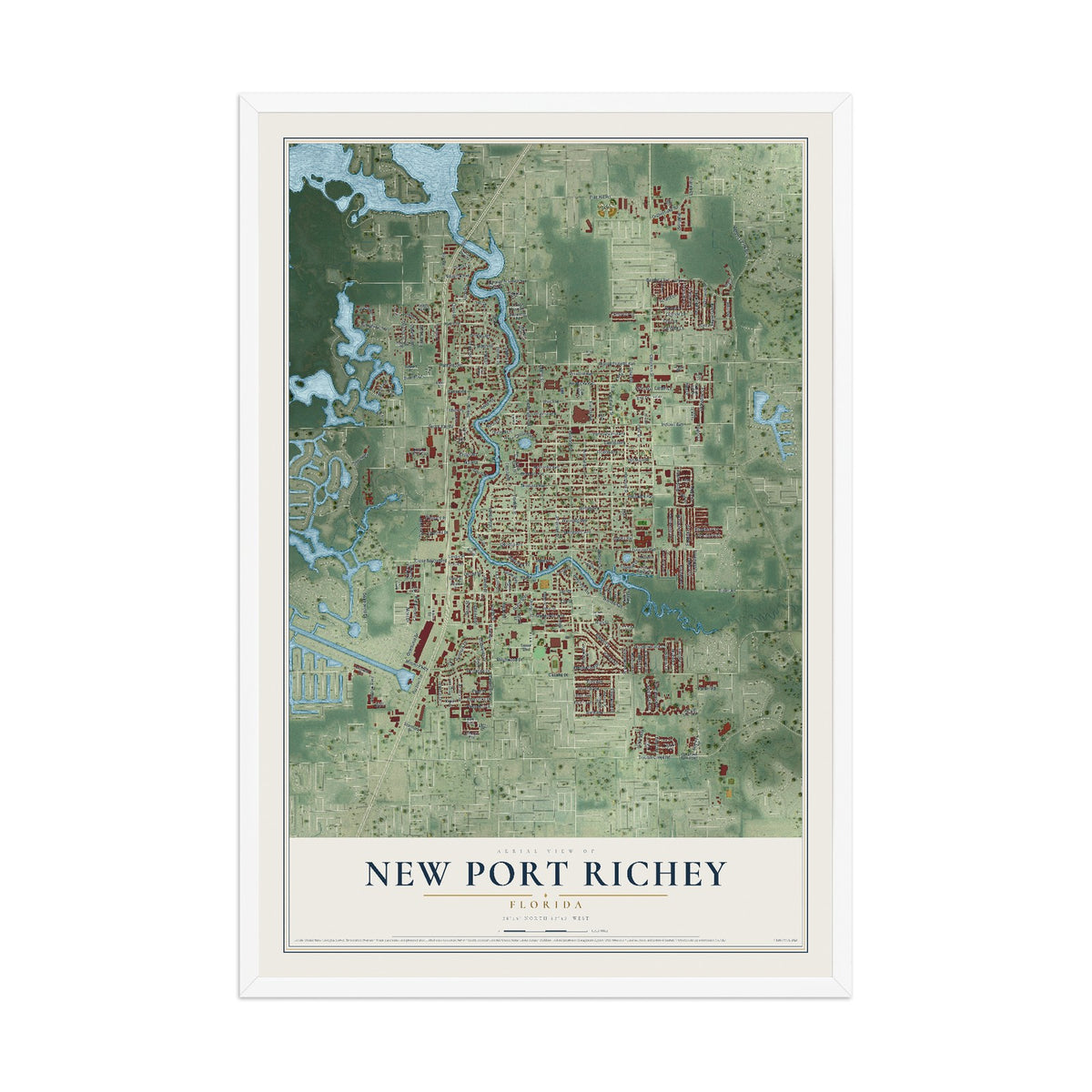 New Port Richey, Florida map print, 12" x 18" W/ White Ayous Wood Frame mockup