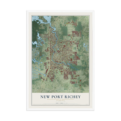 New Port Richey, Florida map print, 12" x 18" W/ White Ayous Wood Frame mockup