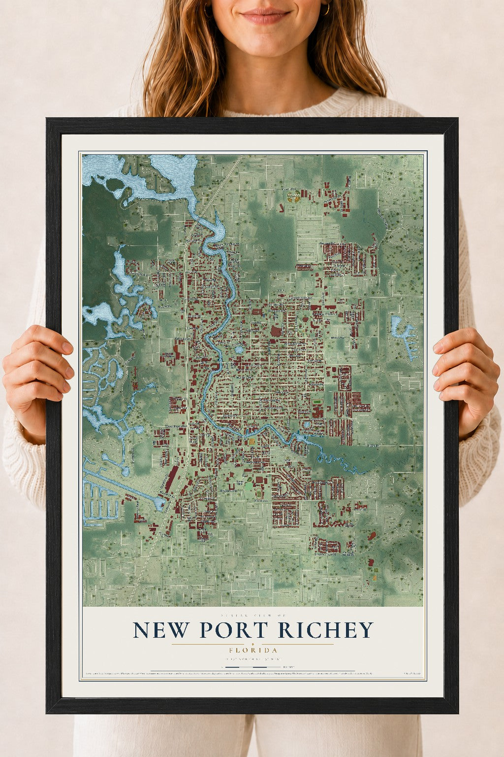 New Port Richey, Florida map print, 18" x 24" W/ Black Ayous Wood Frame mockup