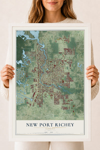 New Port Richey, Florida map print, 18" x 24" W/ White Ayous Wood Frame mockup