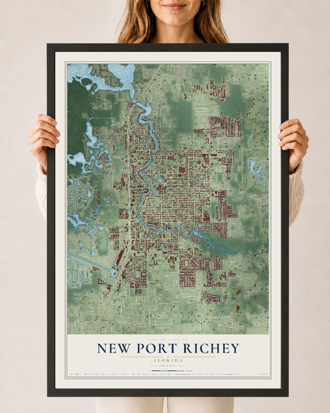 New Port Richey, Florida map print, 24" x 36" W/ Black Ayous Wood Frame mockup