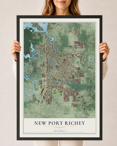 New Port Richey, Florida map print, 24" x 36" W/ Black Ayous Wood Frame mockup