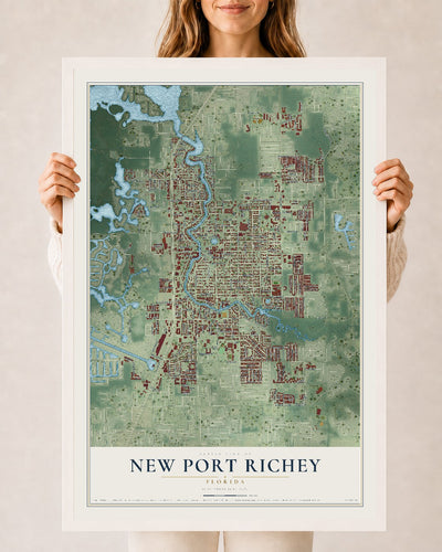 New Port Richey, Florida map print, 24" x 36" W/ White Ayous Wood Frame mockup