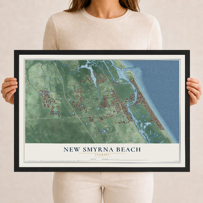New Smyrna Beach, Florida map print, 12" x 18" W/ Black Ayous Wood Frame mockup