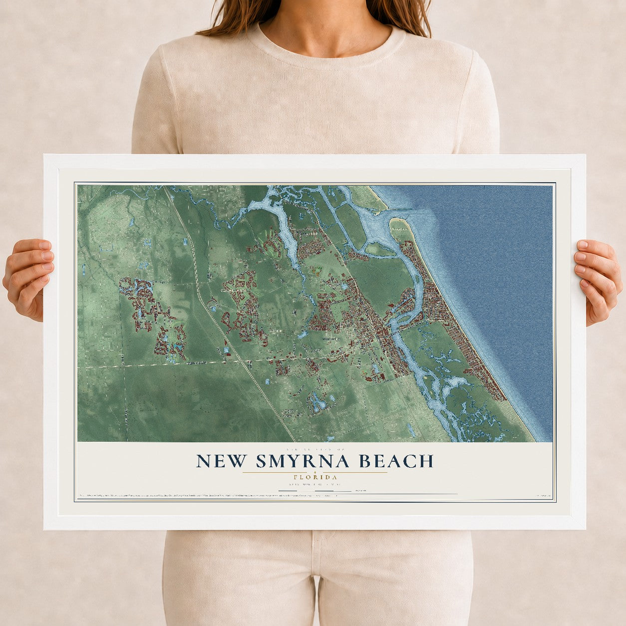 New Smyrna Beach, Florida map print, 12" x 18" W/ White Ayous Wood Frame mockup