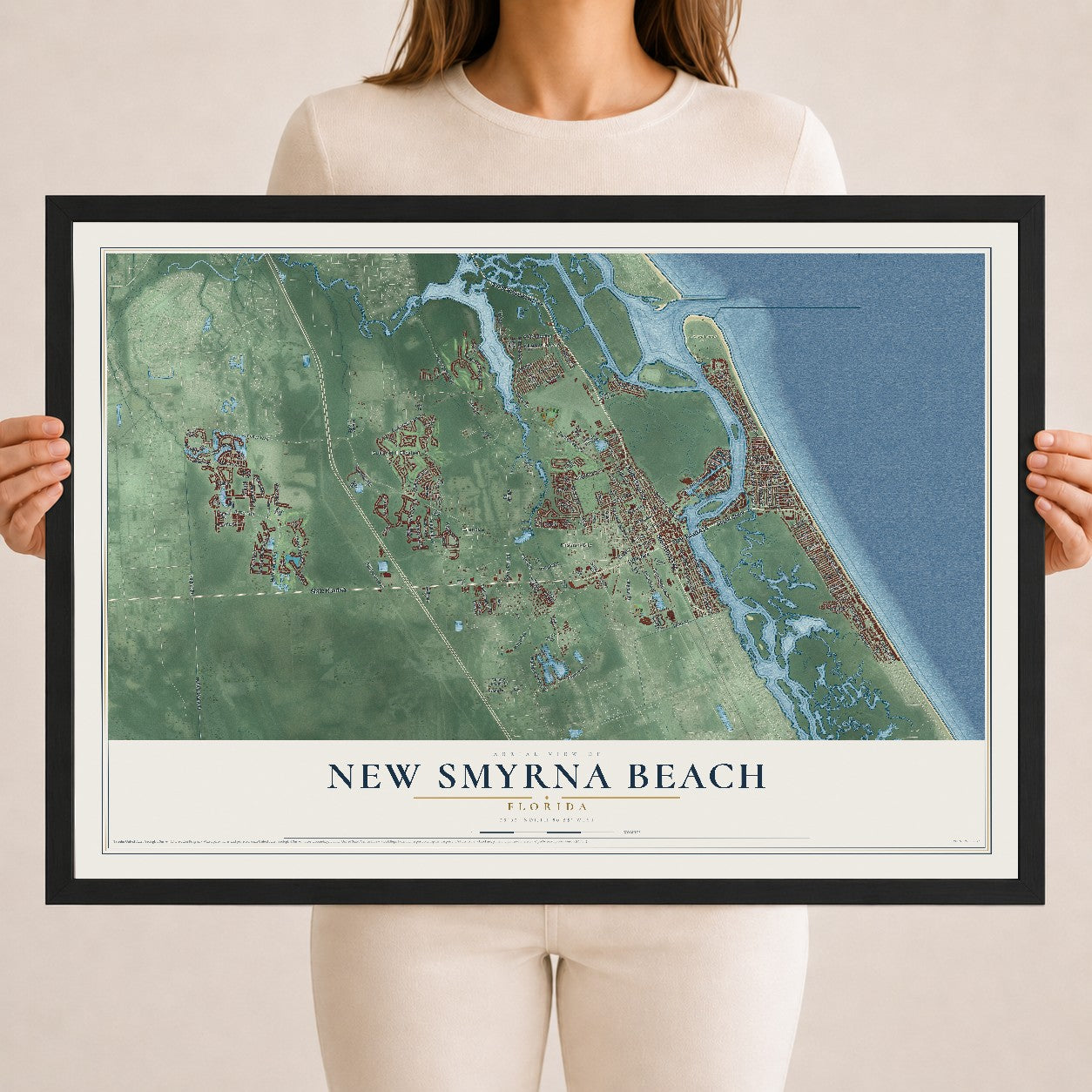 New Smyrna Beach, Florida map print, 18" x 24" W/ Black Ayous Wood Frame mockup