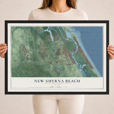 New Smyrna Beach, Florida map print, 18" x 24" W/ Black Ayous Wood Frame mockup