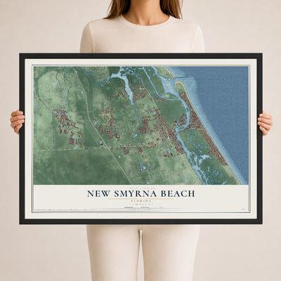 New Smyrna Beach, Florida map print, 24" x 36" W/ Black Ayous Wood Frame mockup