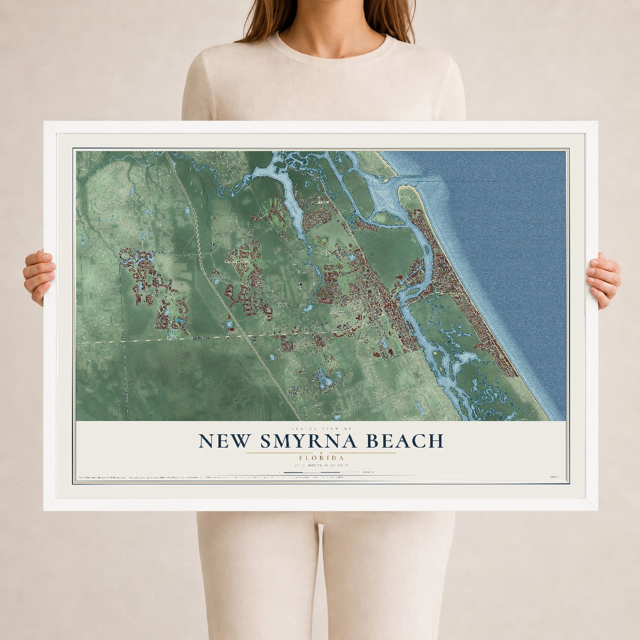 New Smyrna Beach, Florida map print, 24" x 36" W/ White Ayous Wood Frame mockup