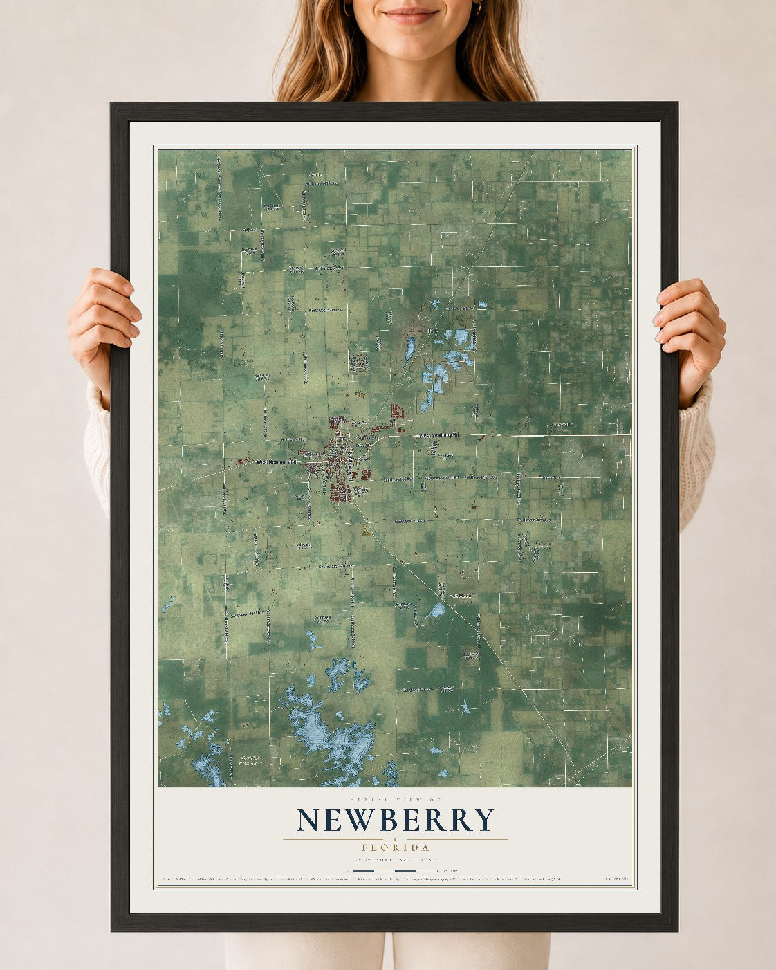 Newberry, Florida map print, 24" x 36" W/ Black Ayous Wood Frame mockup