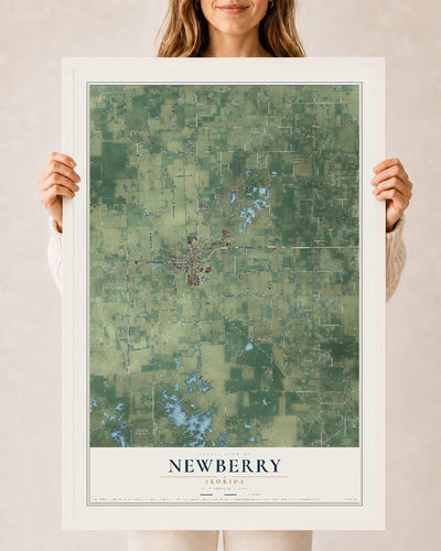 Newberry, Florida map print, 24" x 36" W/ White Ayous Wood Frame mockup