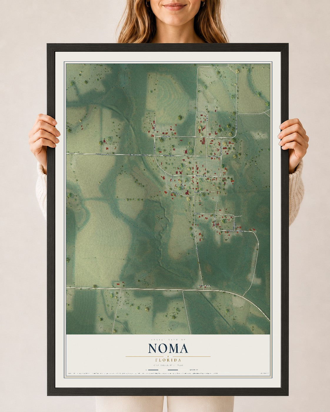 Noma, Florida map print, 24" x 36" W/ Black Ayous Wood Frame mockup