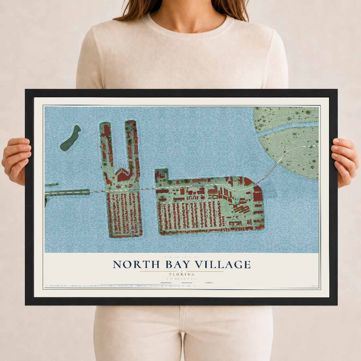 North Bay Village, Florida map print, 12" x 18" W/ Black Ayous Wood Frame mockup