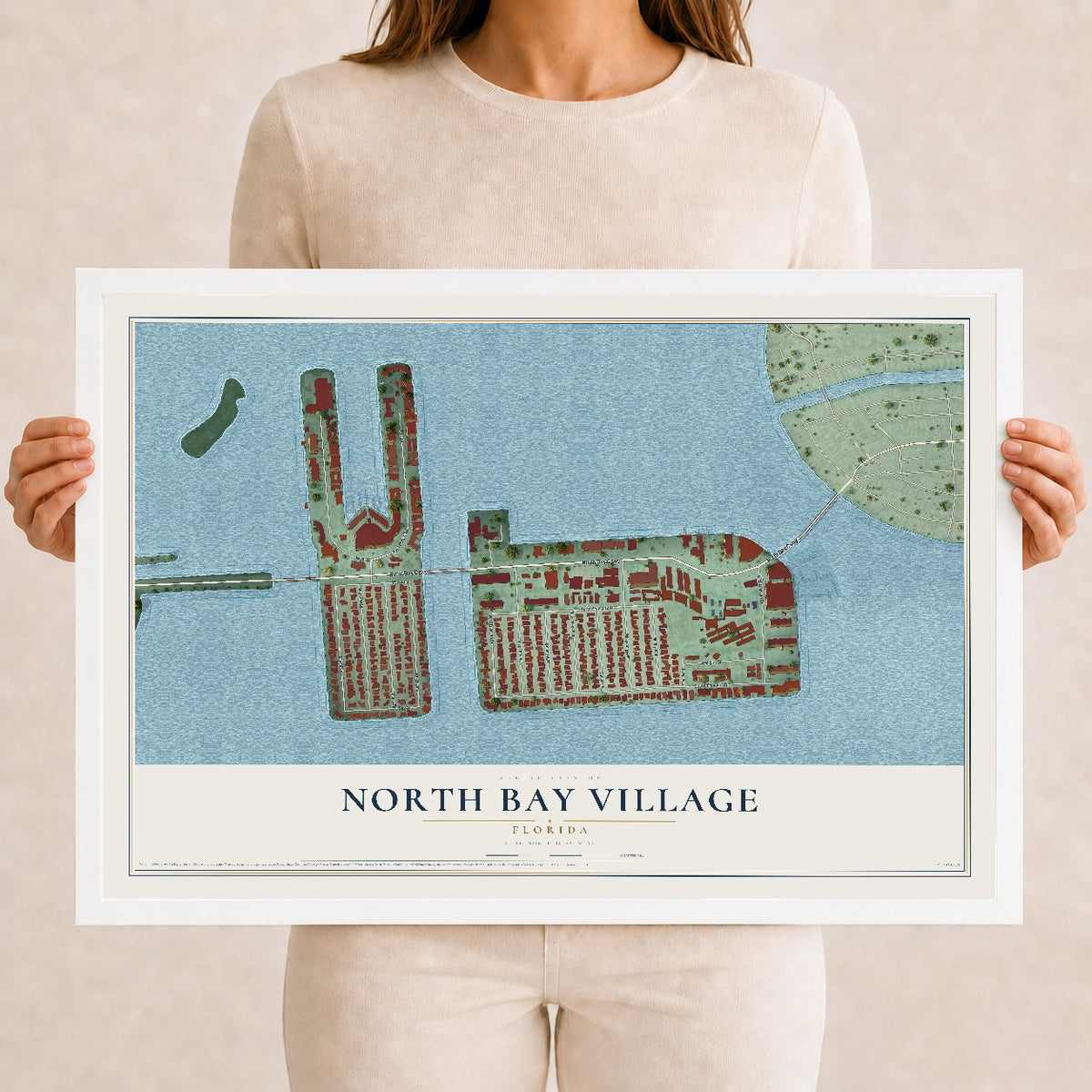 North Bay Village, Florida map print, 12" x 18" W/ White Ayous Wood Frame mockup
