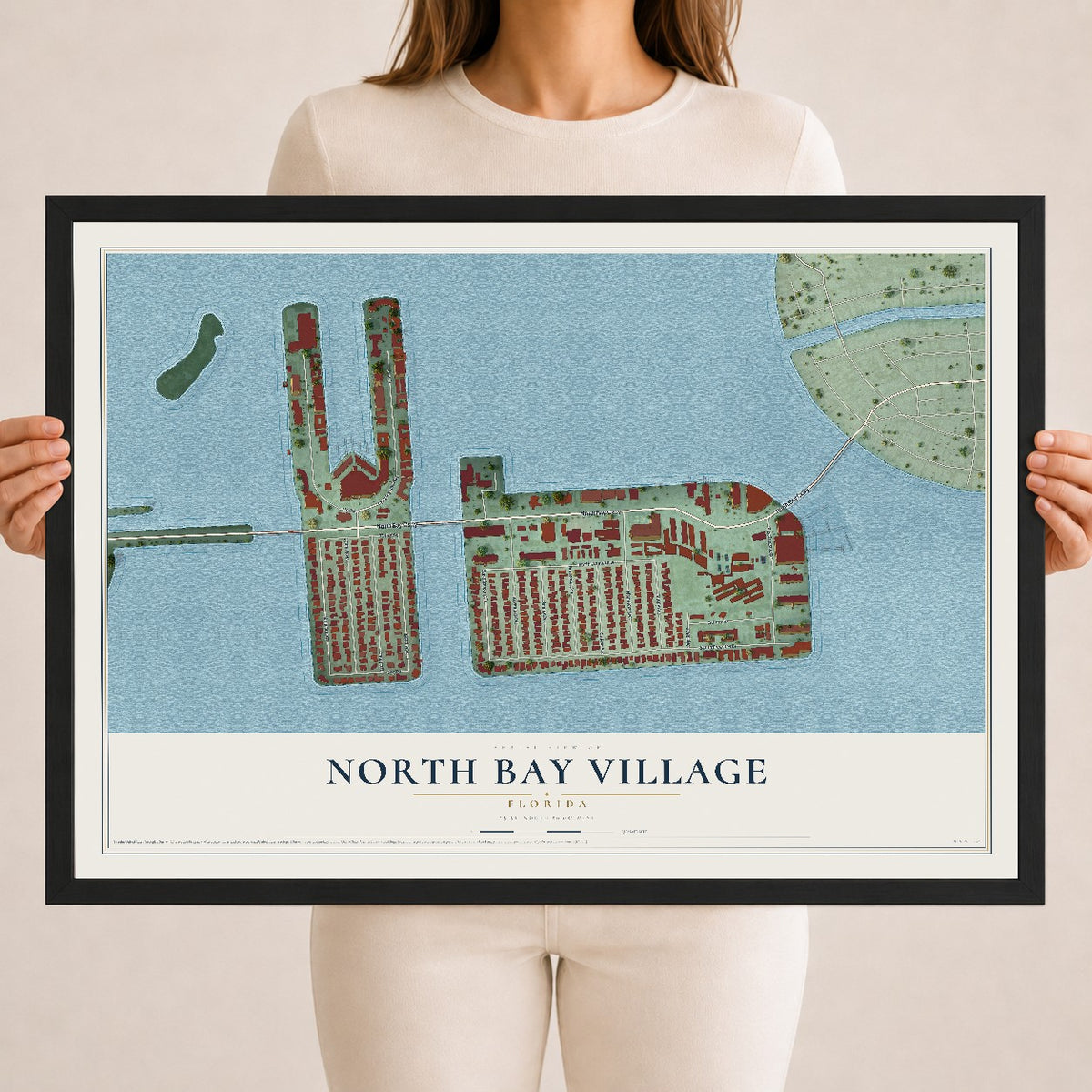 North Bay Village, Florida map print, 18" x 24" W/ Black Ayous Wood Frame mockup
