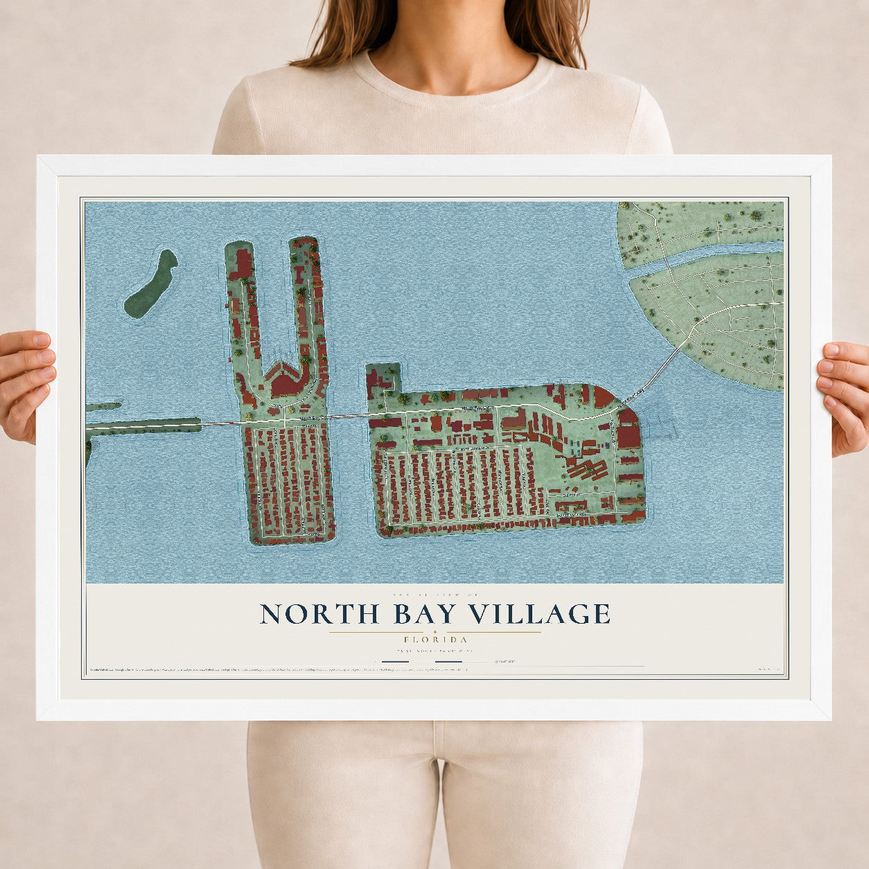 North Bay Village, Florida map print, 18" x 24" W/ White Ayous Wood Frame mockup