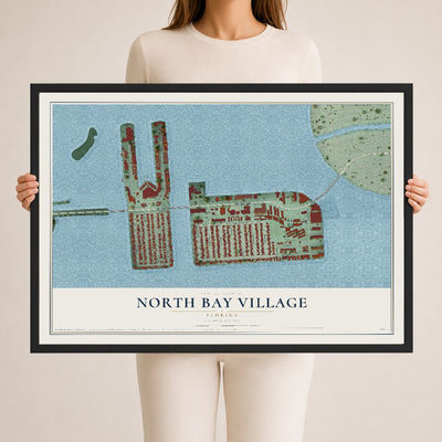 North Bay Village, Florida map print, 24" x 36" W/ Black Ayous Wood Frame mockup