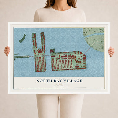 North Bay Village, Florida map print, 24" x 36" W/ White Ayous Wood Frame mockup