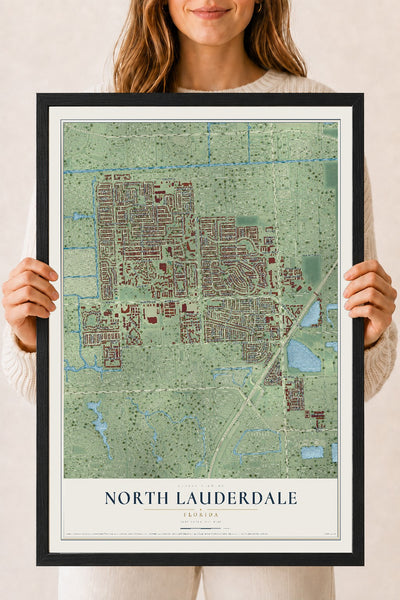 North Lauderdale, Florida map print, 18" x 24" W/ Black Ayous Wood Frame mockup