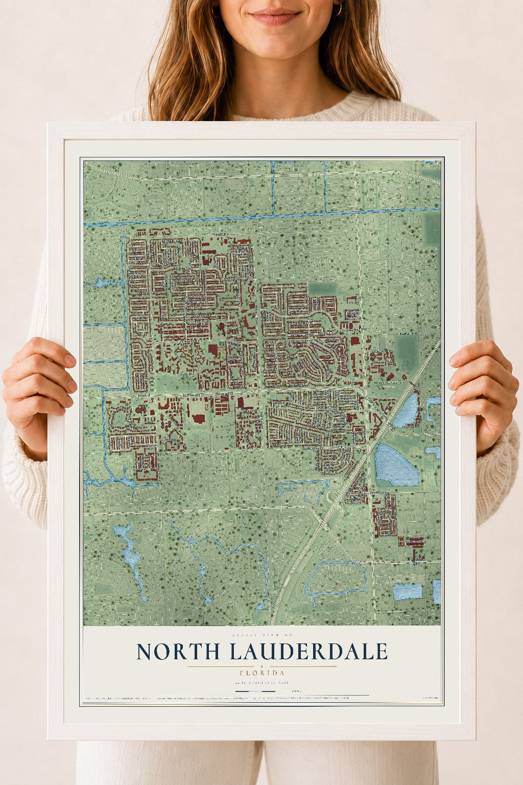 North Lauderdale, Florida map print, 18" x 24" W/ White Ayous Wood Frame mockup