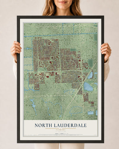 North Lauderdale, Florida map print, 24" x 36" W/ Black Ayous Wood Frame mockup