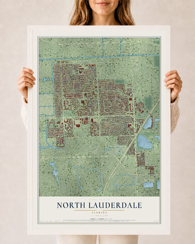 North Lauderdale, Florida map print, 24" x 36" W/ White Ayous Wood Frame mockup