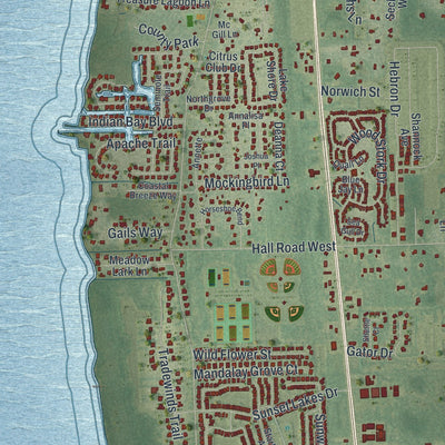 Close-up of the map of North Merritt Island, Florida print showing street and building detail