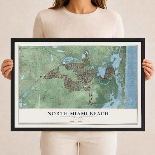 Map of North Miami Beach, Florida, 12 x 18 inch print in a black wood frame
