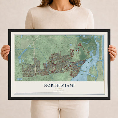 North Miami, Florida map print, 12" x 18" W/ Black Ayous Wood Frame mockup