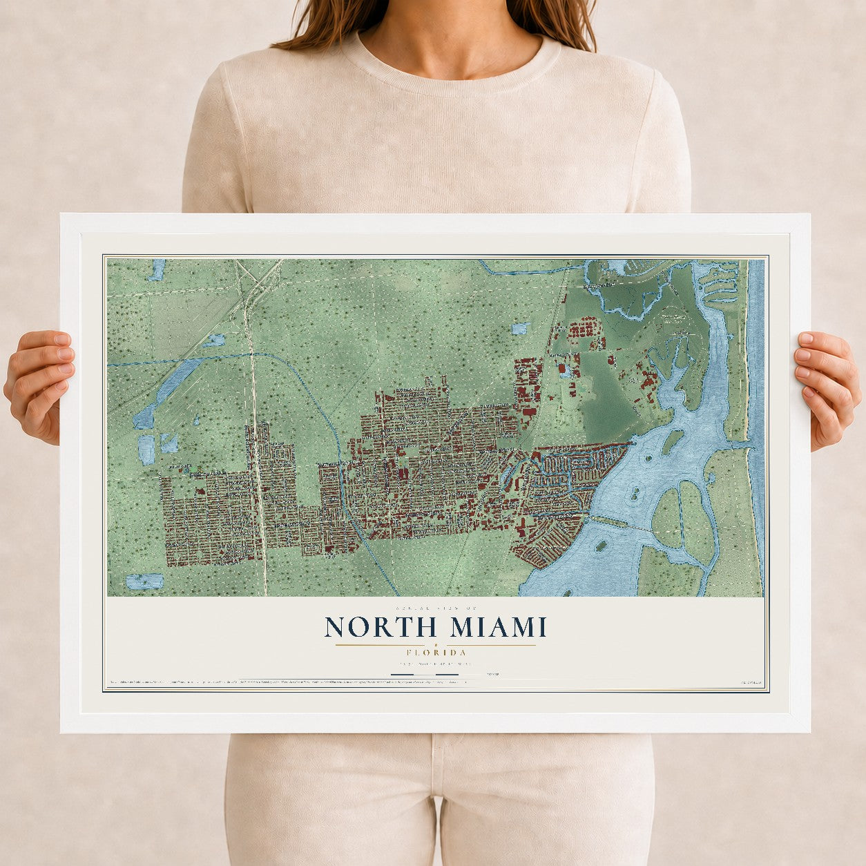 North Miami, Florida map print, 12" x 18" W/ White Ayous Wood Frame mockup