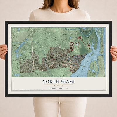 North Miami, Florida map print, 18" x 24" W/ Black Ayous Wood Frame mockup