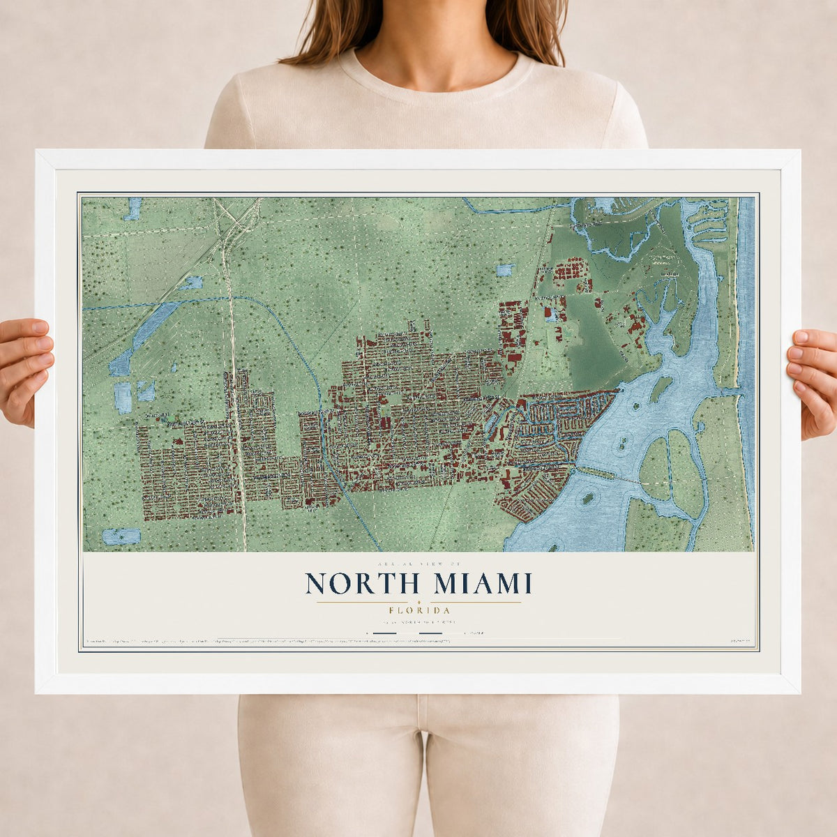 North Miami, Florida map print, 18" x 24" W/ White Ayous Wood Frame mockup