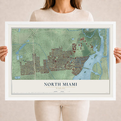 North Miami, Florida map print, 18" x 24" W/ White Ayous Wood Frame mockup