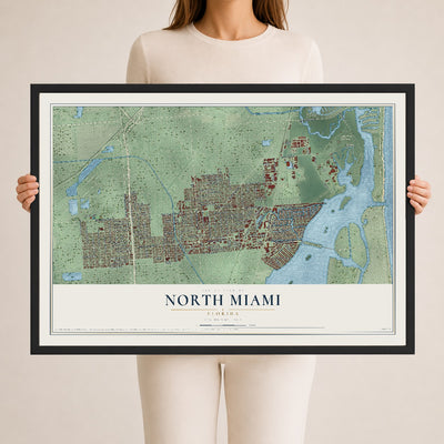 North Miami, Florida map print, 24" x 36" W/ Black Ayous Wood Frame mockup