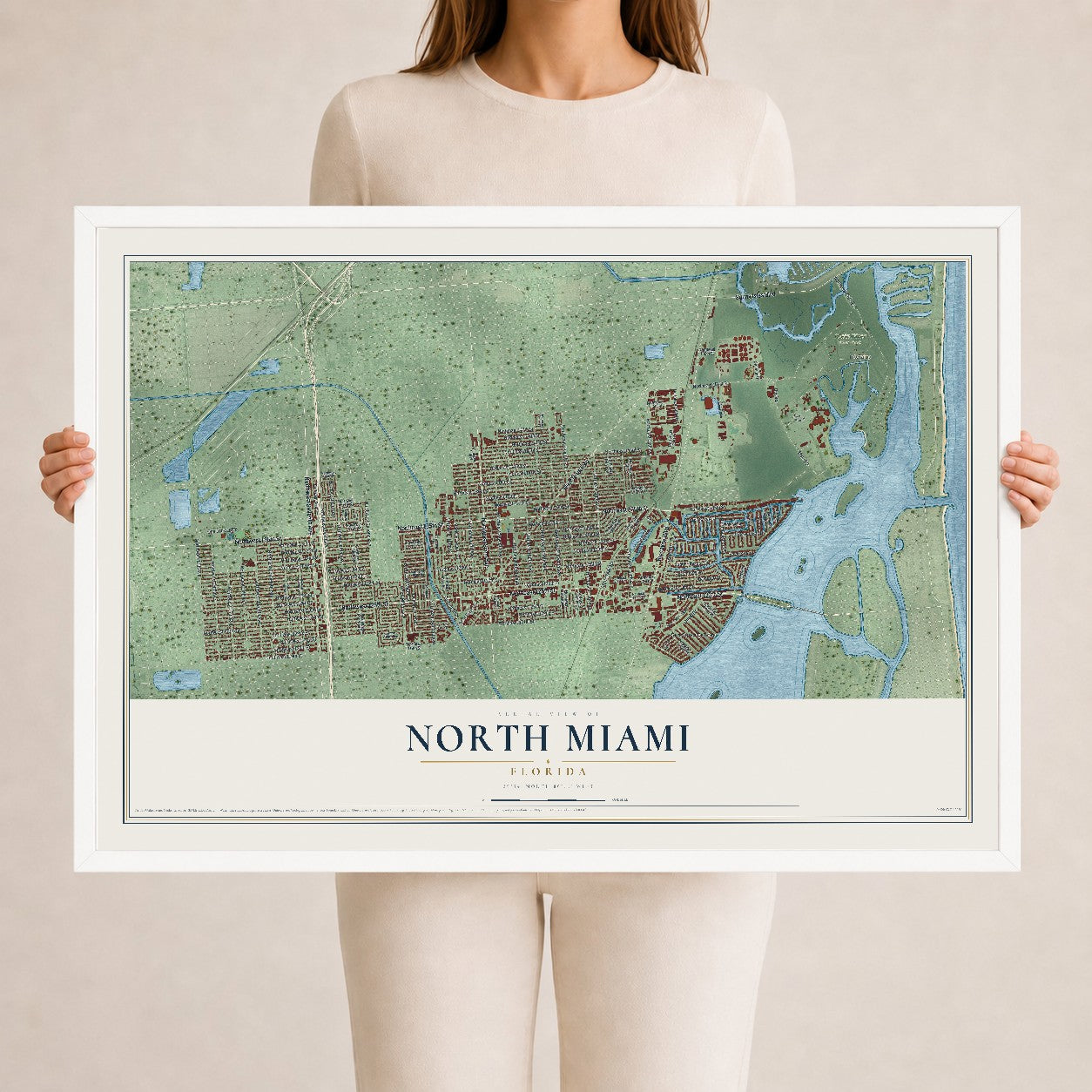 North Miami, Florida map print, 24" x 36" W/ White Ayous Wood Frame mockup