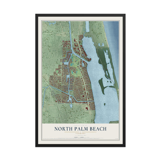 Map of North Palm Beach, Florida, 12 x 18 inch print in a black wood frame