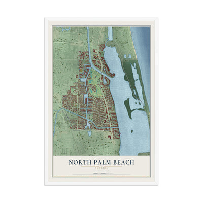 North Palm Beach, Florida map print, 12" x 18" W/ White Ayous Wood Frame mockup