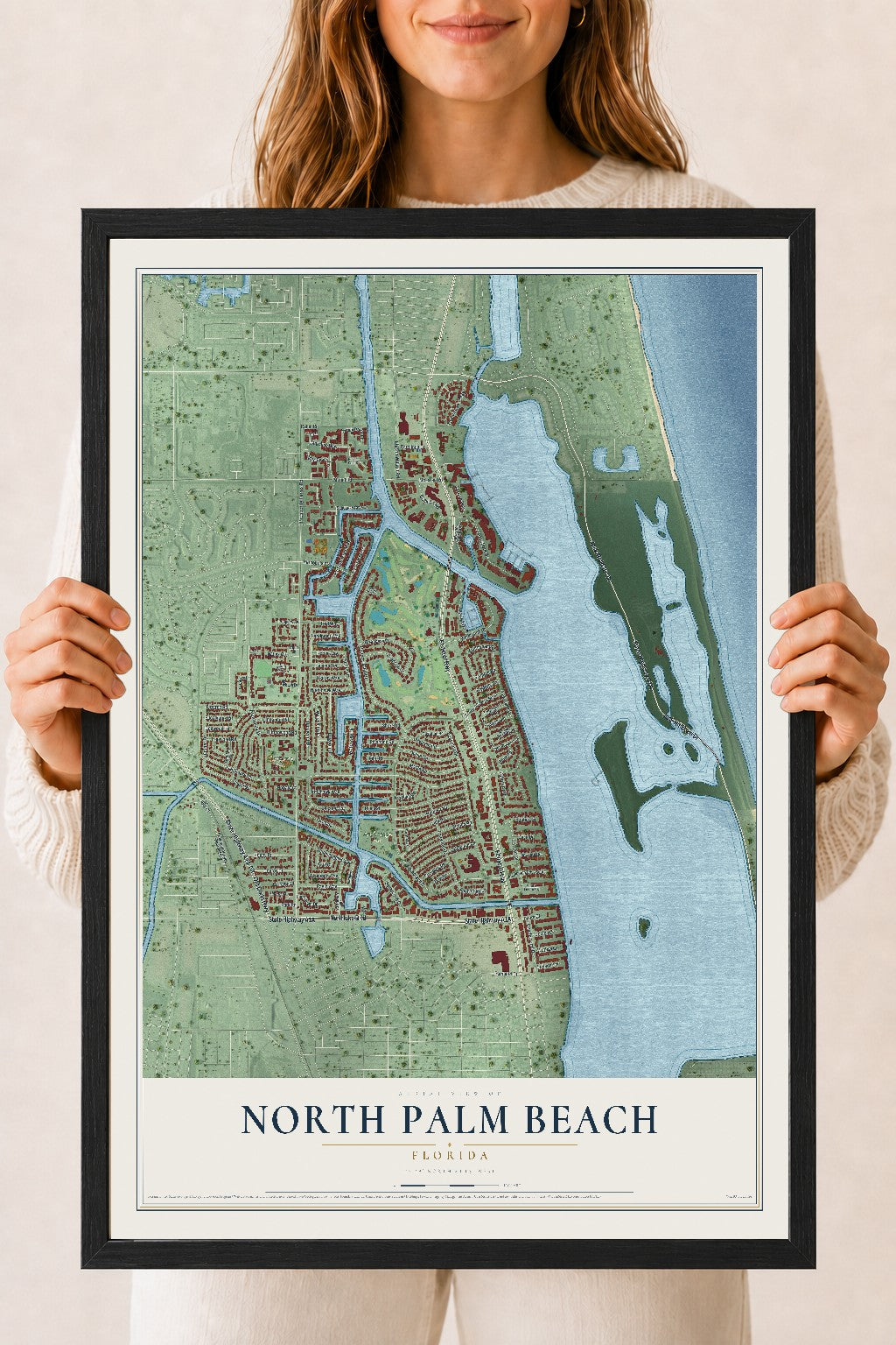North Palm Beach, Florida map print, 18" x 24" W/ Black Ayous Wood Frame mockup