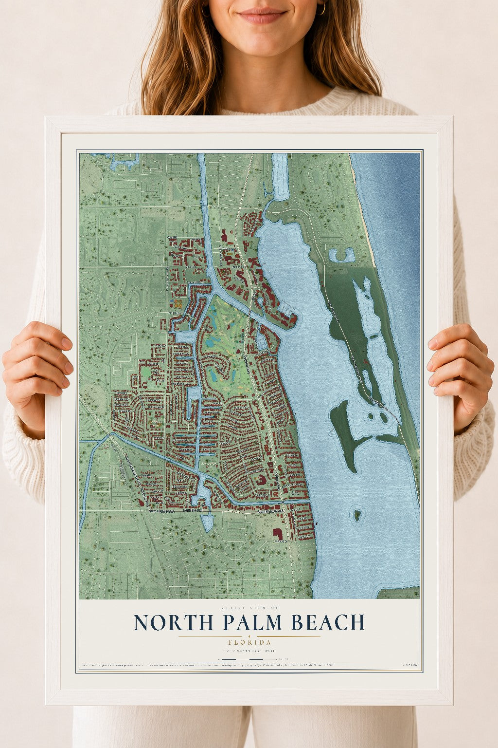 North Palm Beach, Florida map print, 18" x 24" W/ White Ayous Wood Frame mockup